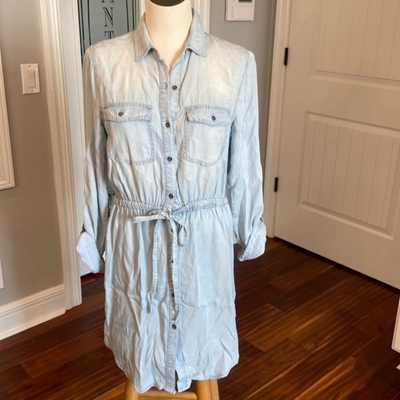 Love tree chambray button down roll cuff jean dress soft Material - Picture 1 of 7